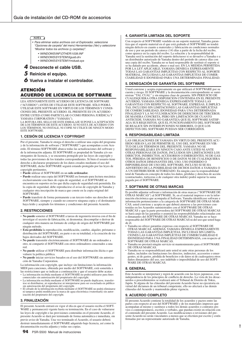 Guía de instalación del cd-rom de accesorios | Yamaha WH27910 User Manual | Page 94 / 122