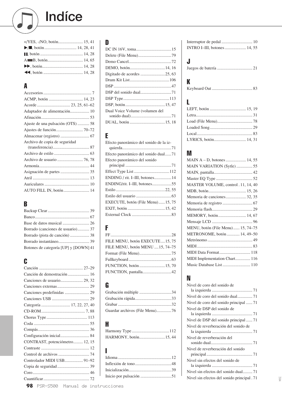 Indíce | Yamaha WH27910 User Manual | Page 98 / 122