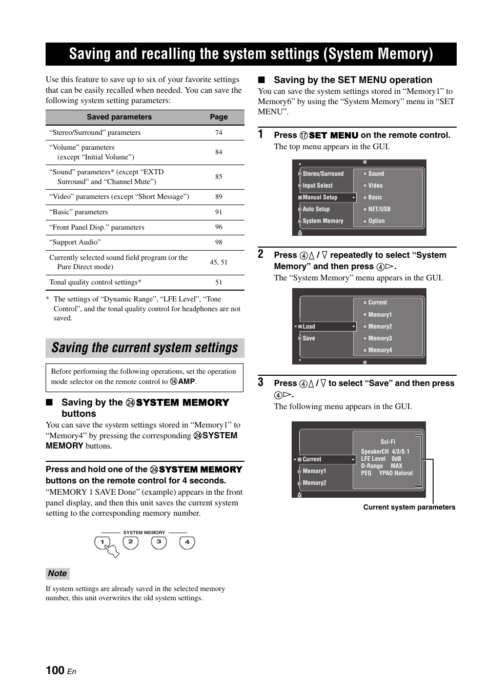 Saving the current system settings, P. 100, Saving by the set menu operation | Yamaha RX-V3800 User Manual | Page 104 / 169