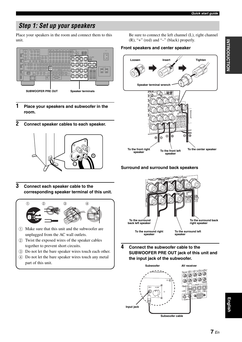 Step 1: set up your speakers, Place your speakers and subwoofer in the room, Connect speaker cables to each speaker | Presence/zone 2/zone 3, Single, Presence, Out in in, Quick start guide, Subwoofer pre out speaker terminals | Yamaha RX-V3800 User Manual | Page 11 / 169