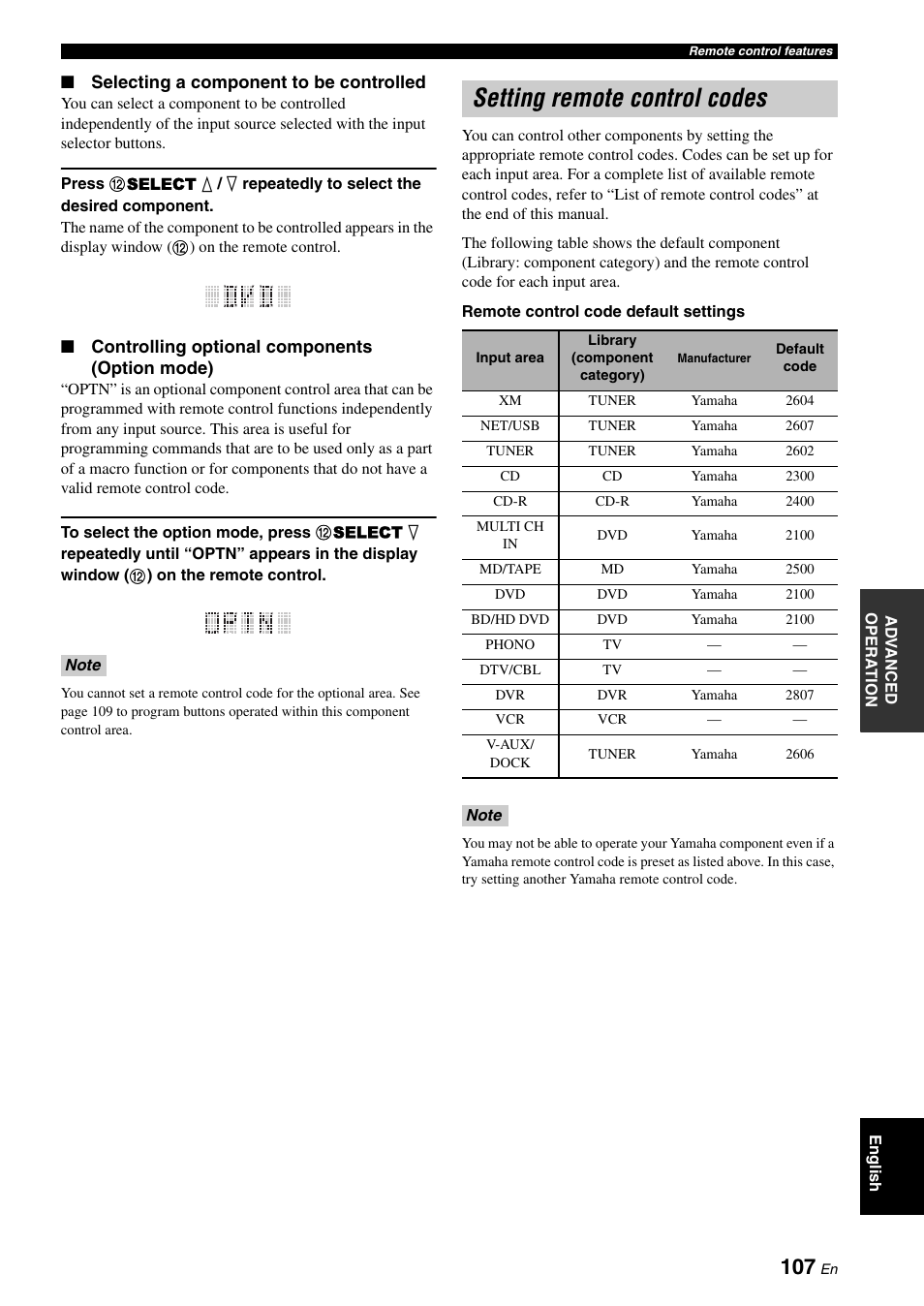 Setting remote control codes | Yamaha RX-V3800 User Manual | Page 111 / 169
