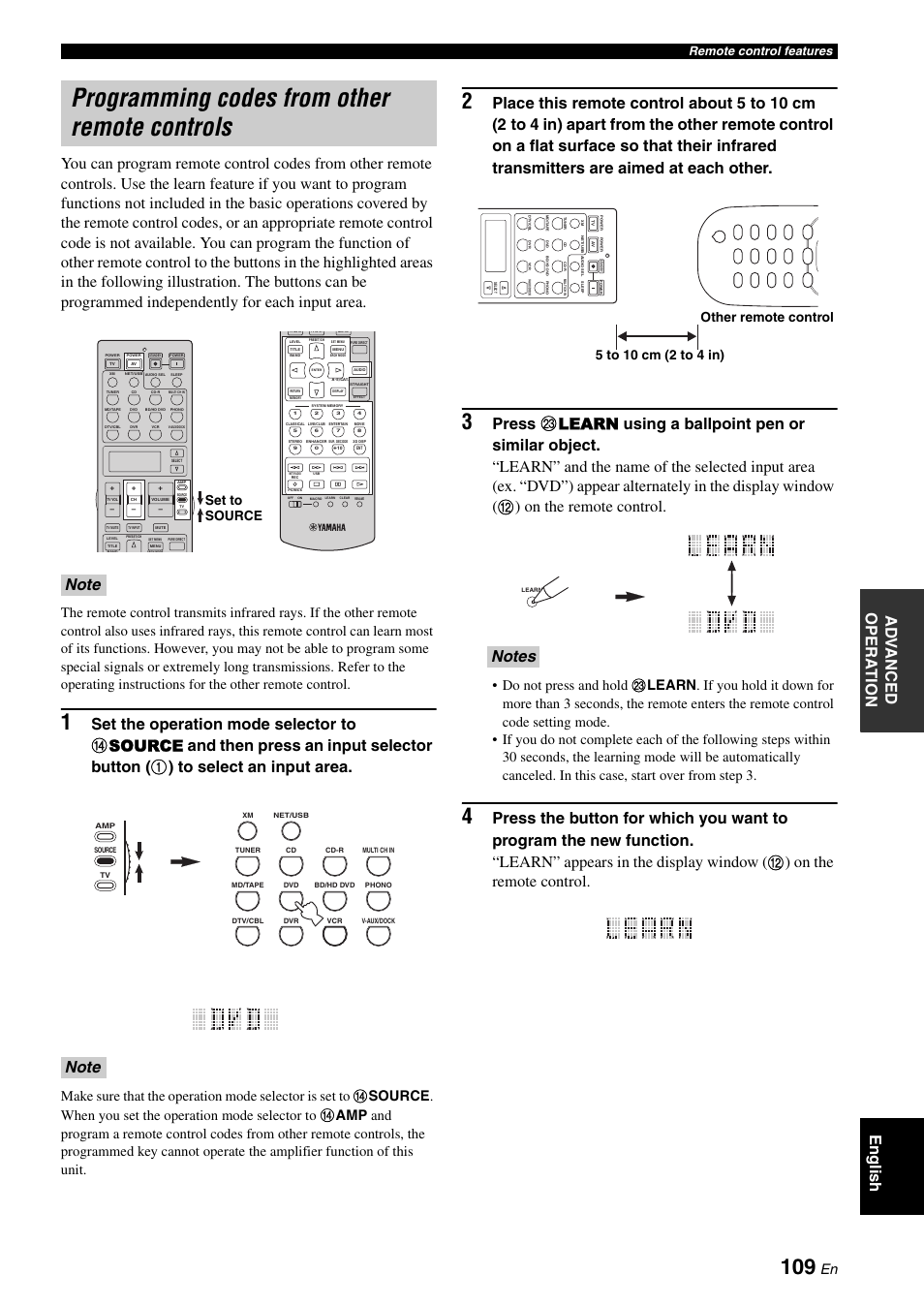 Programming codes from other remote controls, Set to source, Remote control features | Yamaha RX-V3800 User Manual | Page 113 / 169