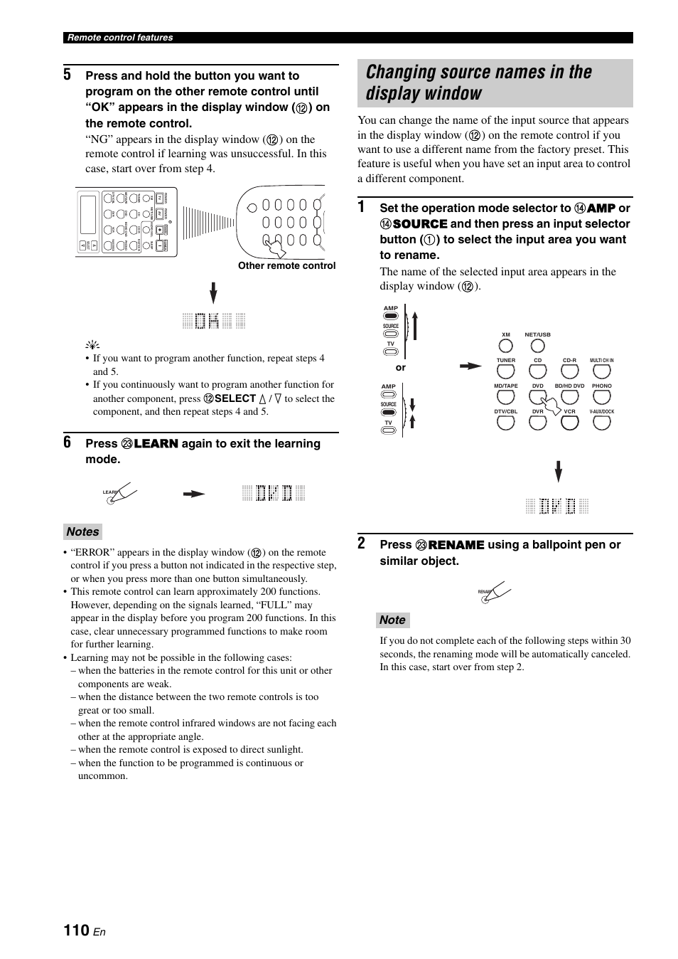 Changing source names in the display window, Press m learn again to exit the learning mode, Other remote control | Yamaha RX-V3800 User Manual | Page 114 / 169