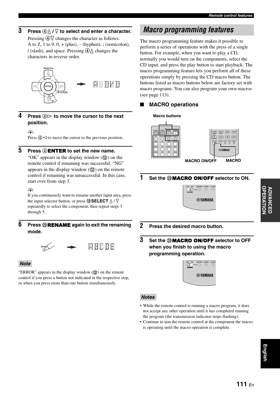 Macro programming features, Macro operations, Ad v anced opera t ion english | Press m rename again to exit the renaming mode, Set the m macro on/off selector to on, Press the desired macro button | Yamaha RX-V3800 User Manual | Page 115 / 169