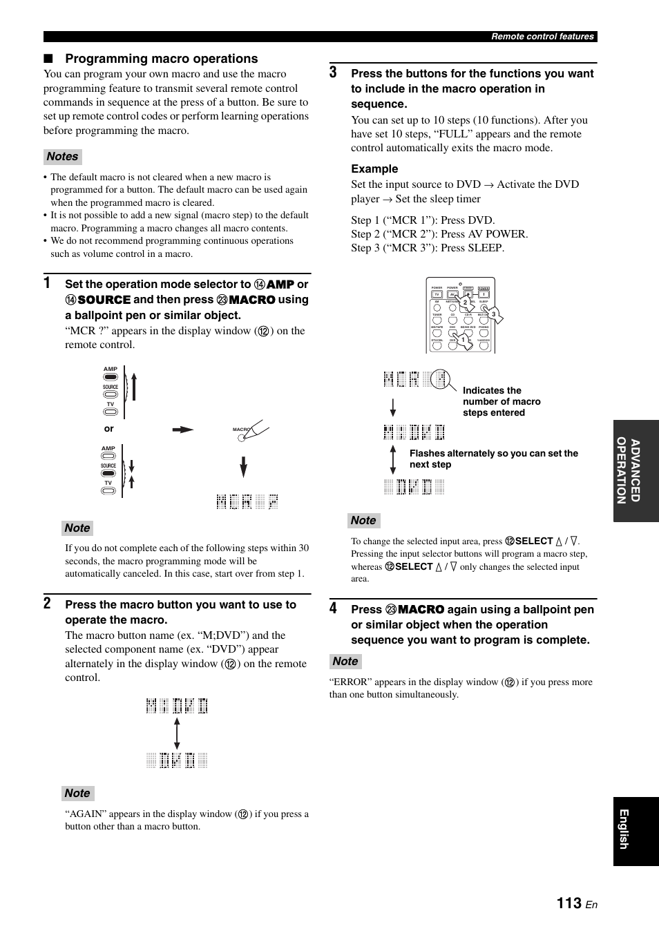 Programming macro operations, Ad v anced opera t ion english, Activate the dvd player | Yamaha RX-V3800 User Manual | Page 117 / 169
