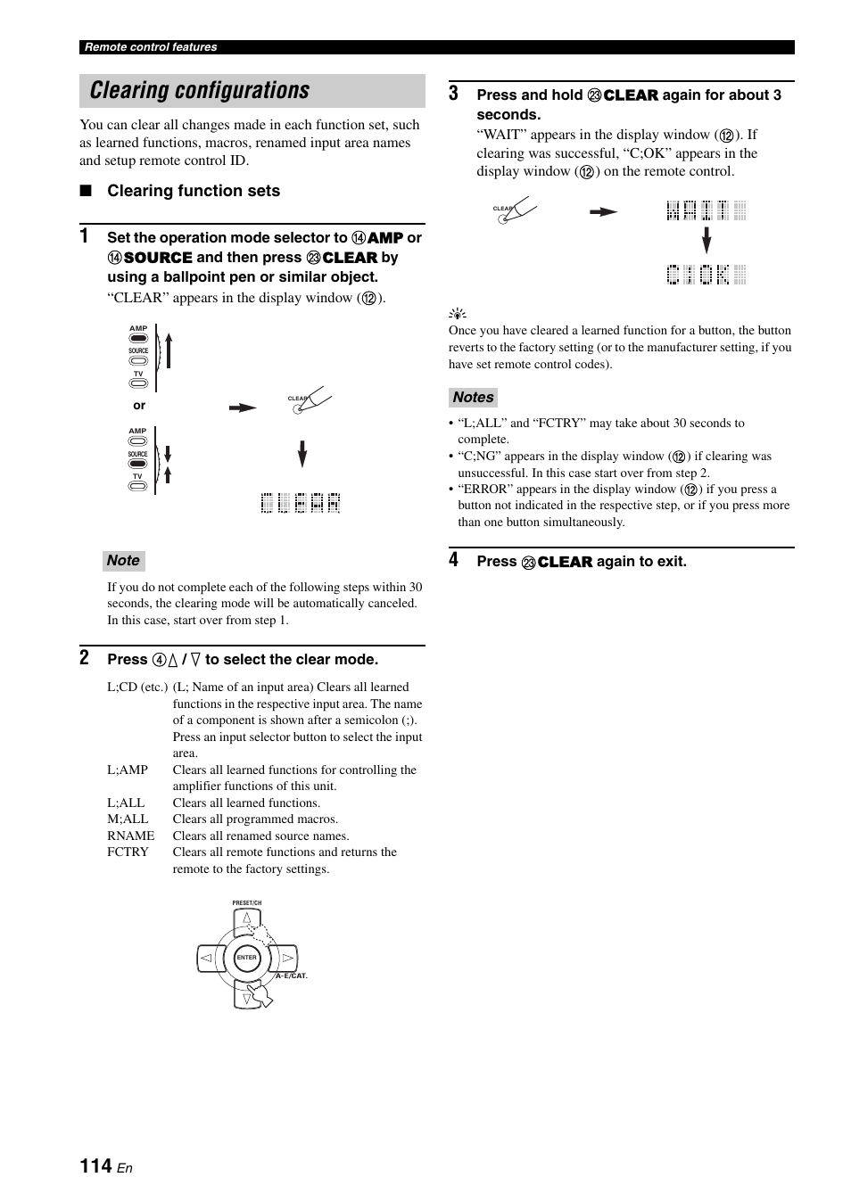 Clearing configurations, Clearing function sets | Yamaha RX-V3800 User Manual | Page 118 / 169