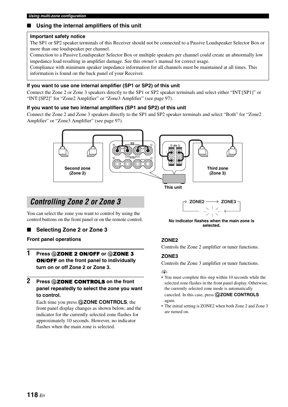 Controlling zone 2 or zone 3, Using the internal amplifiers of this unit, Selecting zone 2 or zone 3 | Front panel operations | Yamaha RX-V3800 User Manual | Page 122 / 169