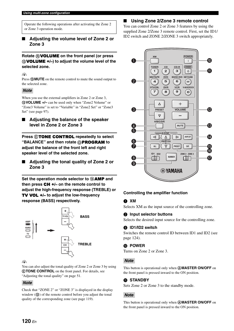 Adjusting the volume level of zone 2 or zone 3, Adjusting the tonal quality of zone 2 or zone 3, Using zone 2/zone 3 remote control | Yamaha RX-V3800 User Manual | Page 124 / 169