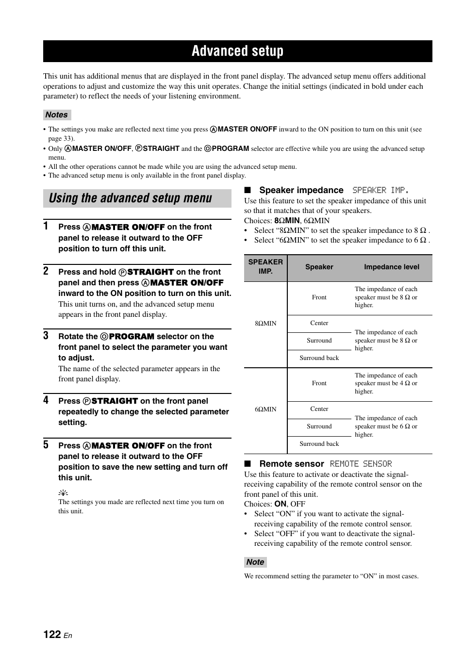 Advanced setup, Using the advanced setup menu, P. 122 | Yamaha RX-V3800 User Manual | Page 126 / 169