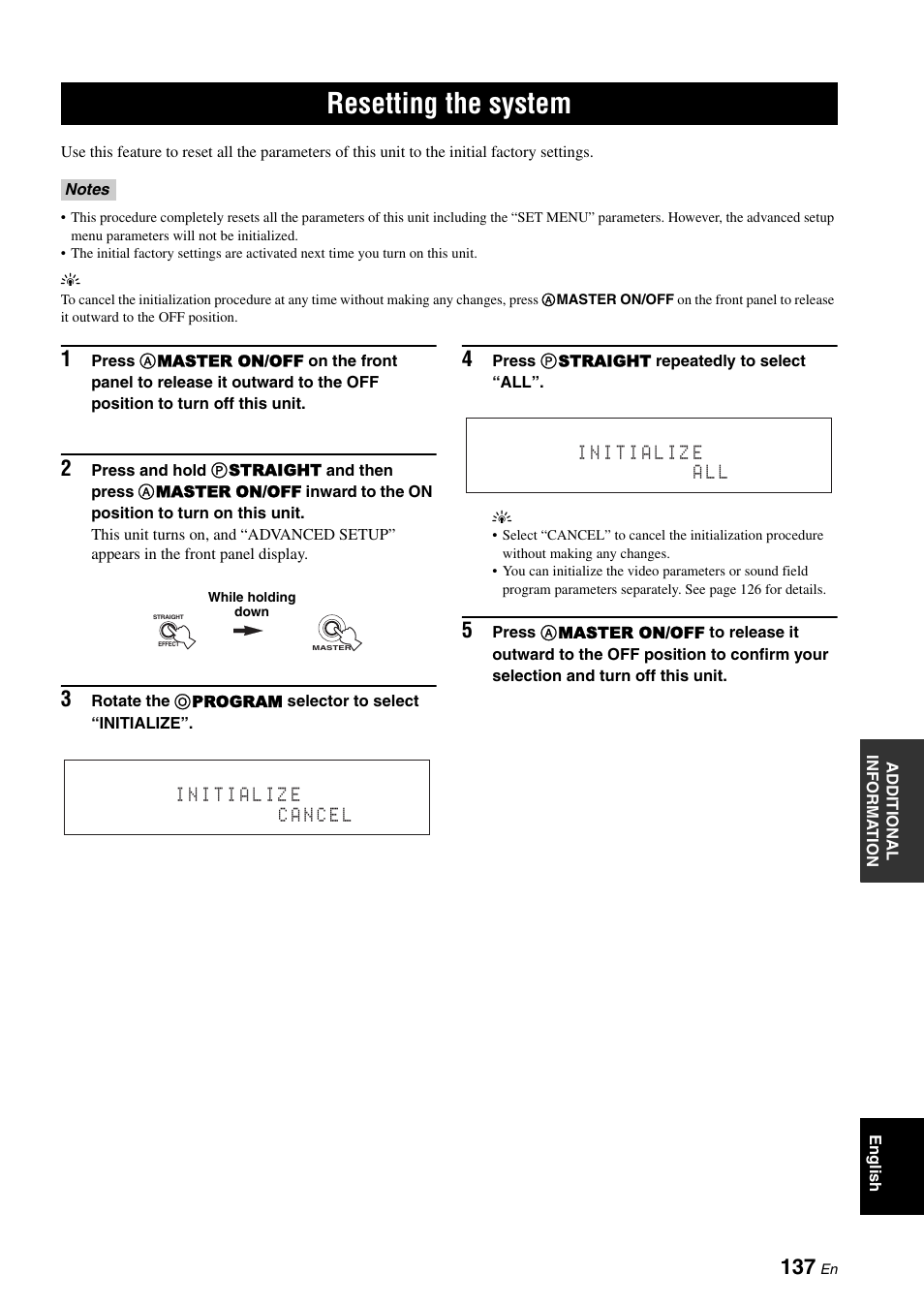 Resetting the system, P. 137 | Yamaha RX-V3800 User Manual | Page 141 / 169