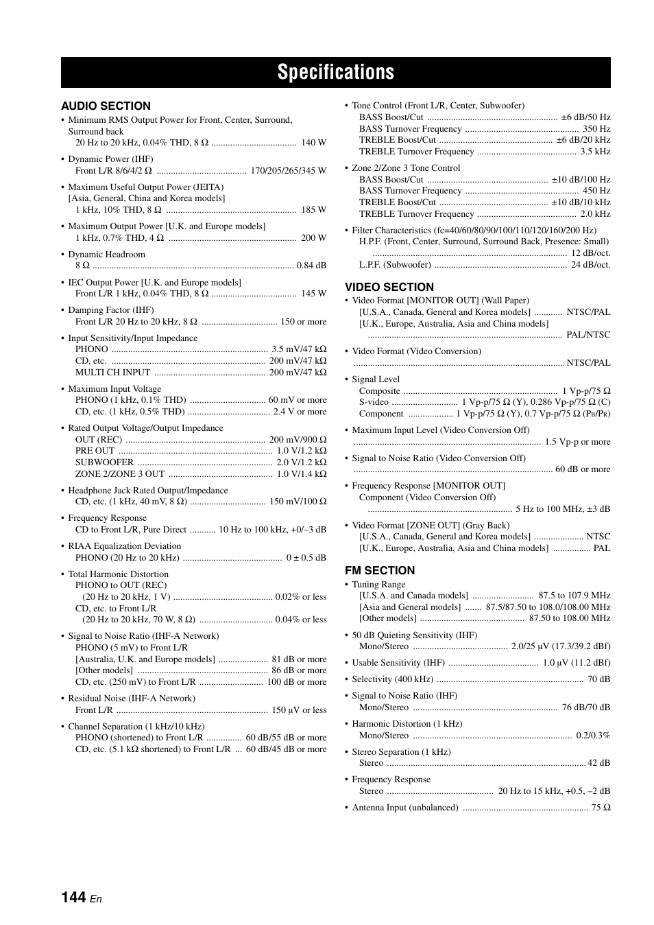 Specifications | Yamaha RX-V3800 User Manual | Page 148 / 169