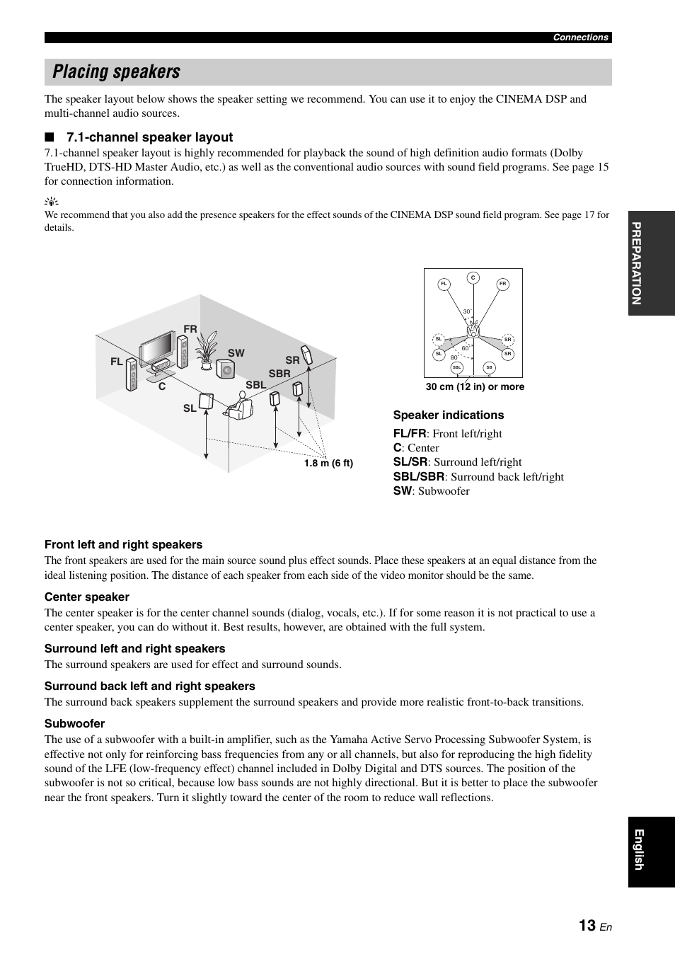 P. 13, Placing speakers, Channel speaker layout | Yamaha RX-V3800 User Manual | Page 17 / 169