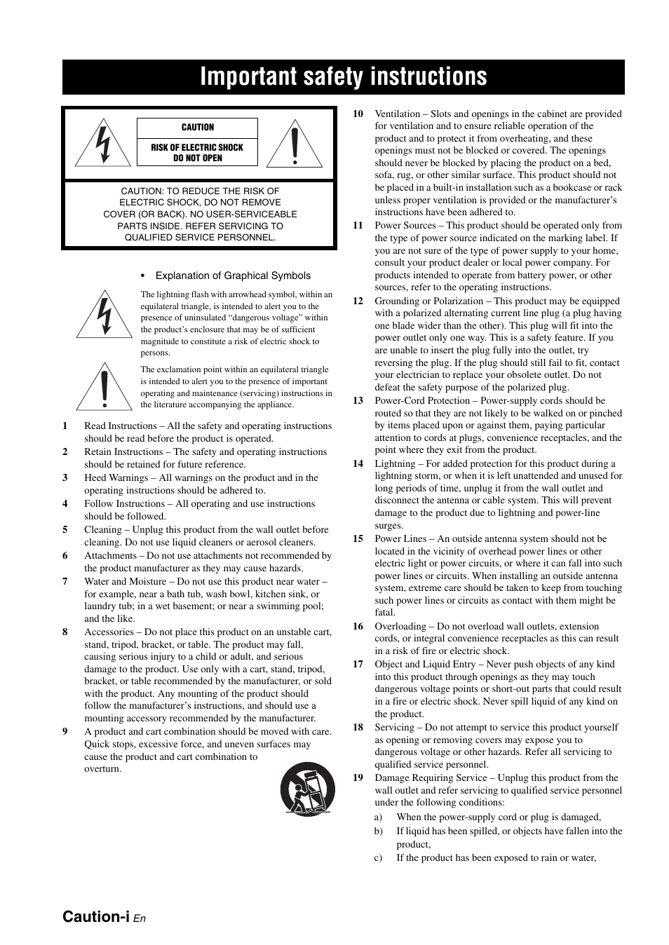 Important safety instructions, Caution-i | Yamaha RX-V3800 User Manual | Page 2 / 169