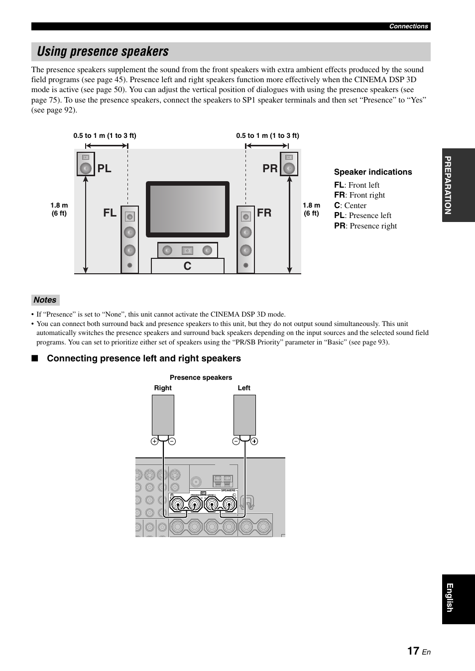 Using presence speakers, Fr pr pl c fl, Connecting presence left and right speakers | Yamaha RX-V3800 User Manual | Page 21 / 169