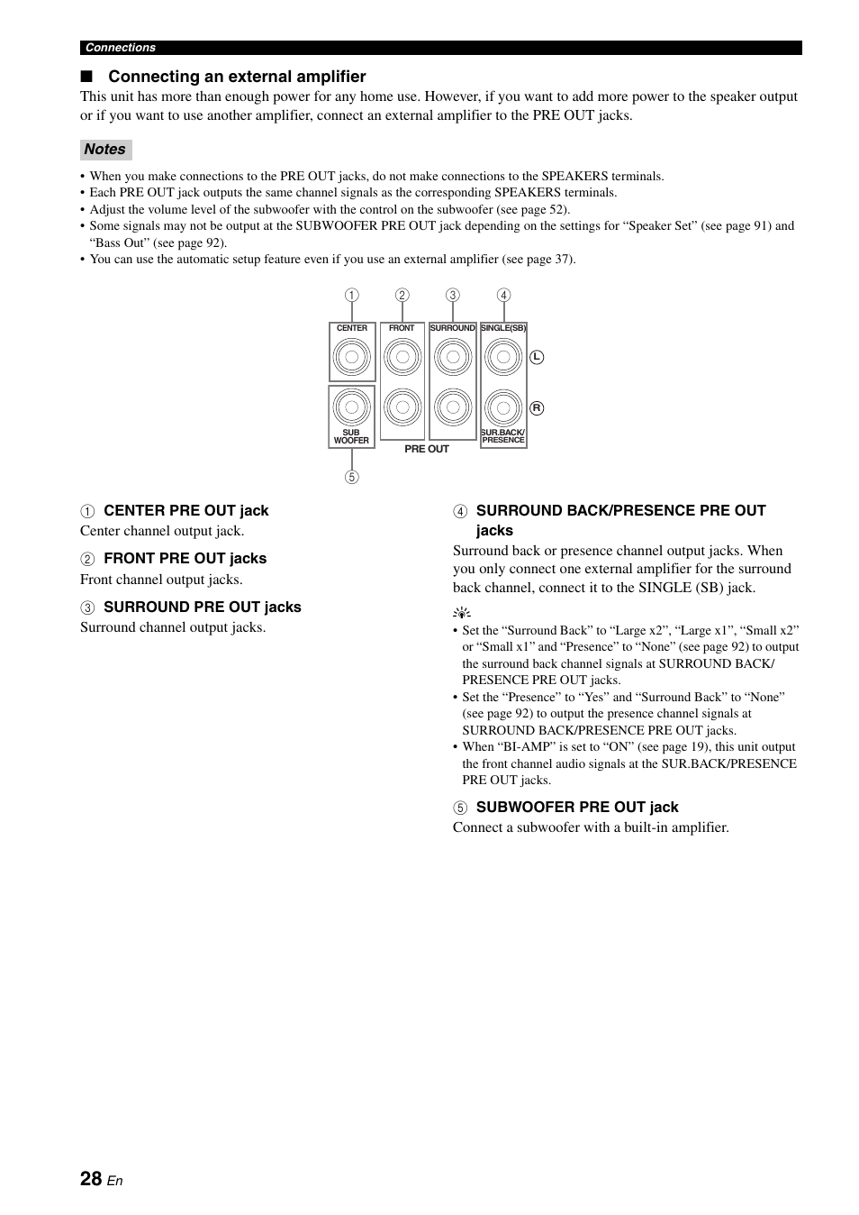 P. 28, Connecting an external amplifier | Yamaha RX-V3800 User Manual | Page 32 / 169