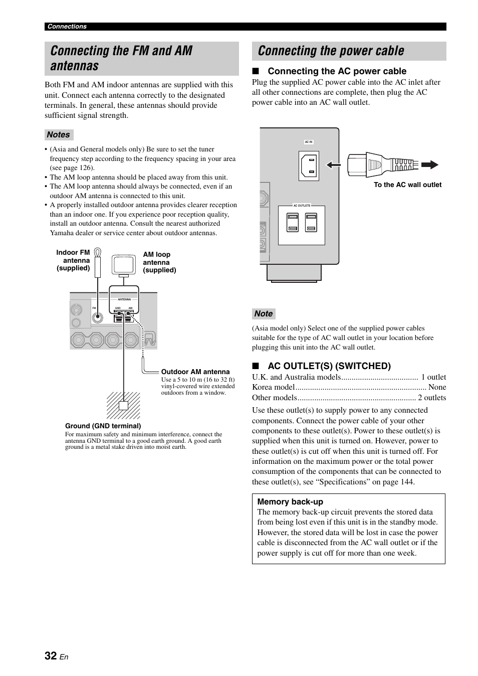 P. 32, Connecting the fm and am antennas, Connecting the power cable | Connecting the ac power cable, Ac outlet(s) (switched) | Yamaha RX-V3800 User Manual | Page 36 / 169