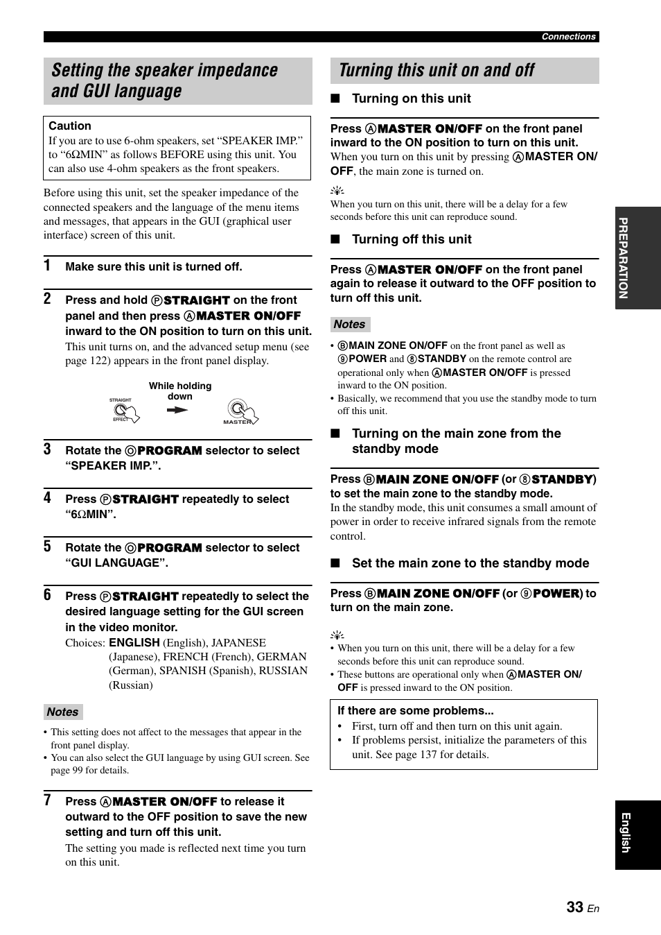 P. 33, Setting the speaker impedance and gui language, Turning this unit on and off | Yamaha RX-V3800 User Manual | Page 37 / 169