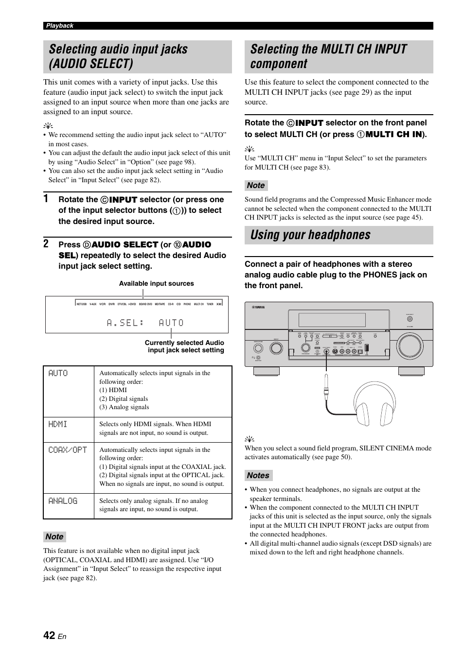 Selecting audio input jacks (audio select), Selecting the multi ch input component, Using your headphones | P. 42, A . s e l : a u t o, Auto, Hdmi, Coax/opt, Analog | Yamaha RX-V3800 User Manual | Page 46 / 169