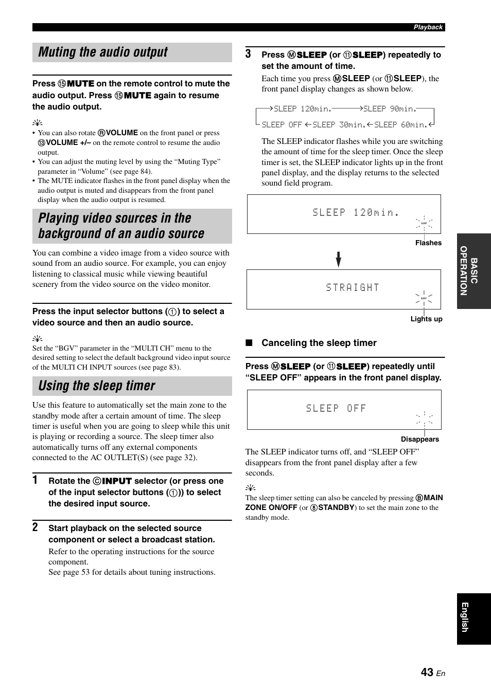 Muting the audio output, Using the sleep timer, P. 43 | Yamaha RX-V3800 User Manual | Page 47 / 169