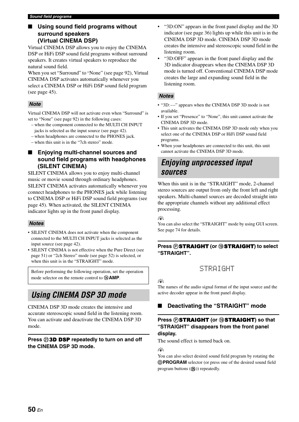 Using cinema dsp 3d mode, Enjoying unprocessed input sources, Straight | Yamaha RX-V3800 User Manual | Page 54 / 169