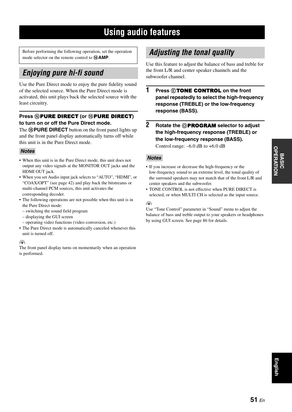 Using audio features, Enjoying pure hi-fi sound, Adjusting the tonal quality | P. 51, Ect (see | Yamaha RX-V3800 User Manual | Page 55 / 169