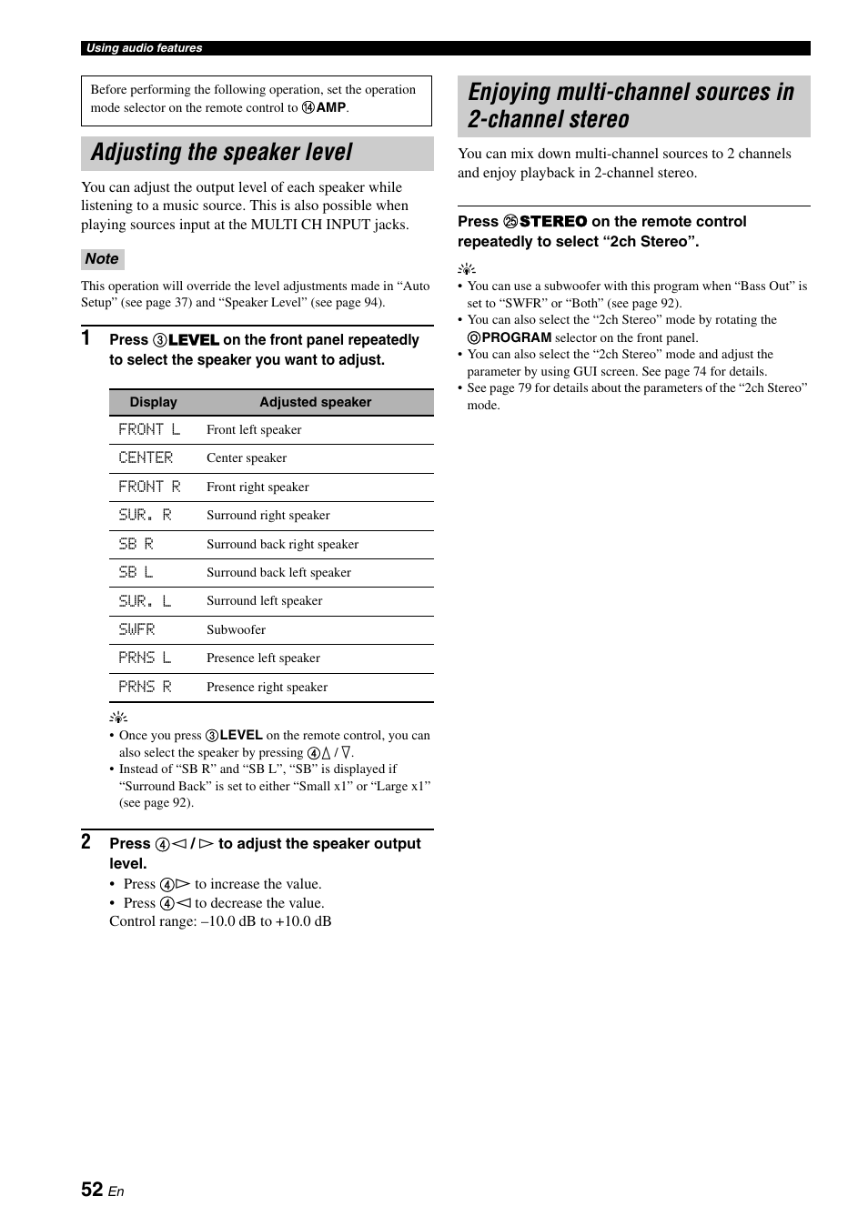 Adjusting the speaker level, Enjoying multi-channel sources in 2-channel stereo | Yamaha RX-V3800 User Manual | Page 56 / 169