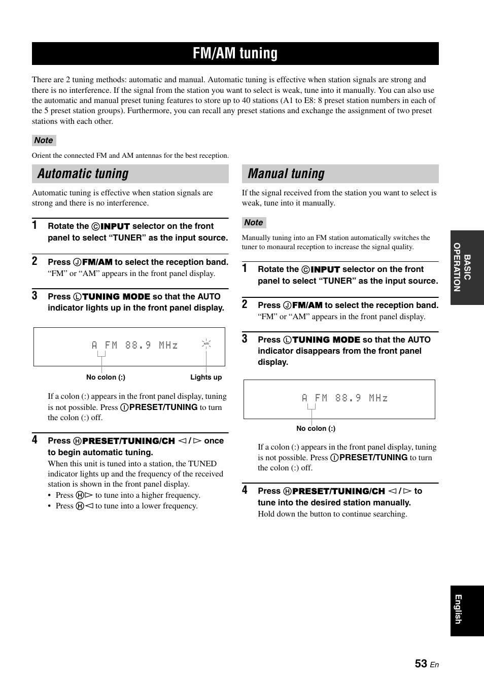 Fm/am tuning, Automatic tuning, Manual tuning | P. 53 | Yamaha RX-V3800 User Manual | Page 57 / 169