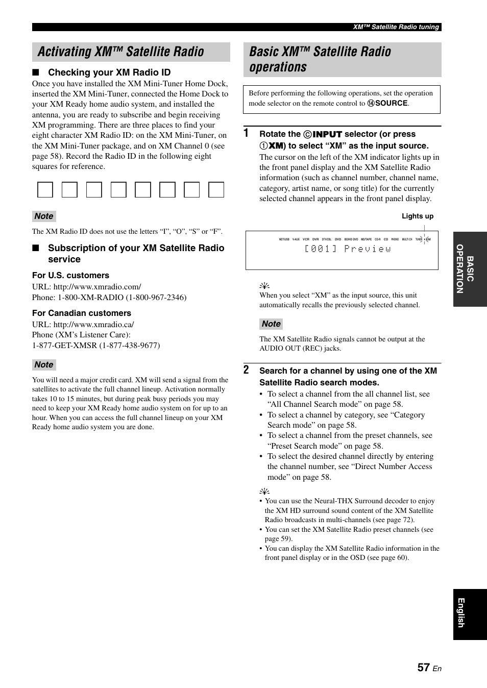 Activating xm™ satellite radio, Basic xm™ satellite radio operations, Checking your xm radio id | Subscription of your xm satellite radio service | Yamaha RX-V3800 User Manual | Page 61 / 169