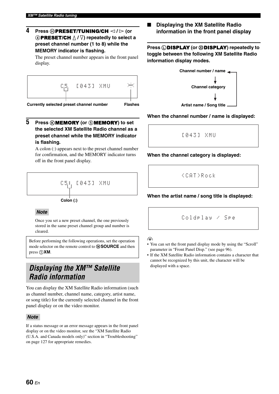 Displaying the xm™ satellite radio information | Yamaha RX-V3800 User Manual | Page 64 / 169