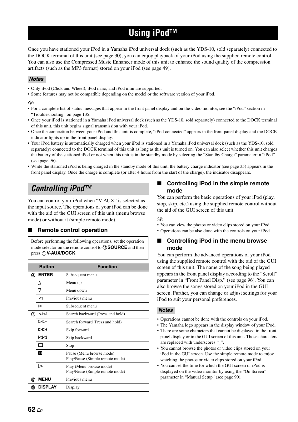 Using ipod, Controlling ipod, P. 62 | Controlling ipod in the menu browse mode | Yamaha RX-V3800 User Manual | Page 66 / 169
