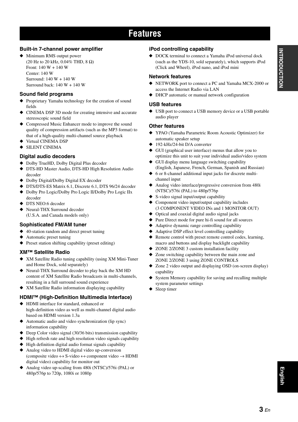 Features | Yamaha RX-V3800 User Manual | Page 7 / 169