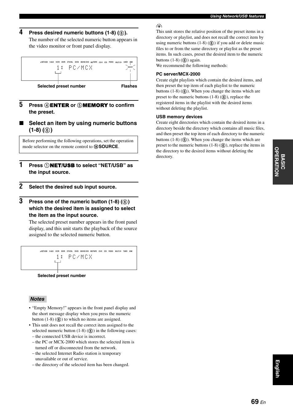 1 : p c / m c x, Ba s ic opera t ion english, Select the desired sub input source | Yamaha RX-V3800 User Manual | Page 73 / 169