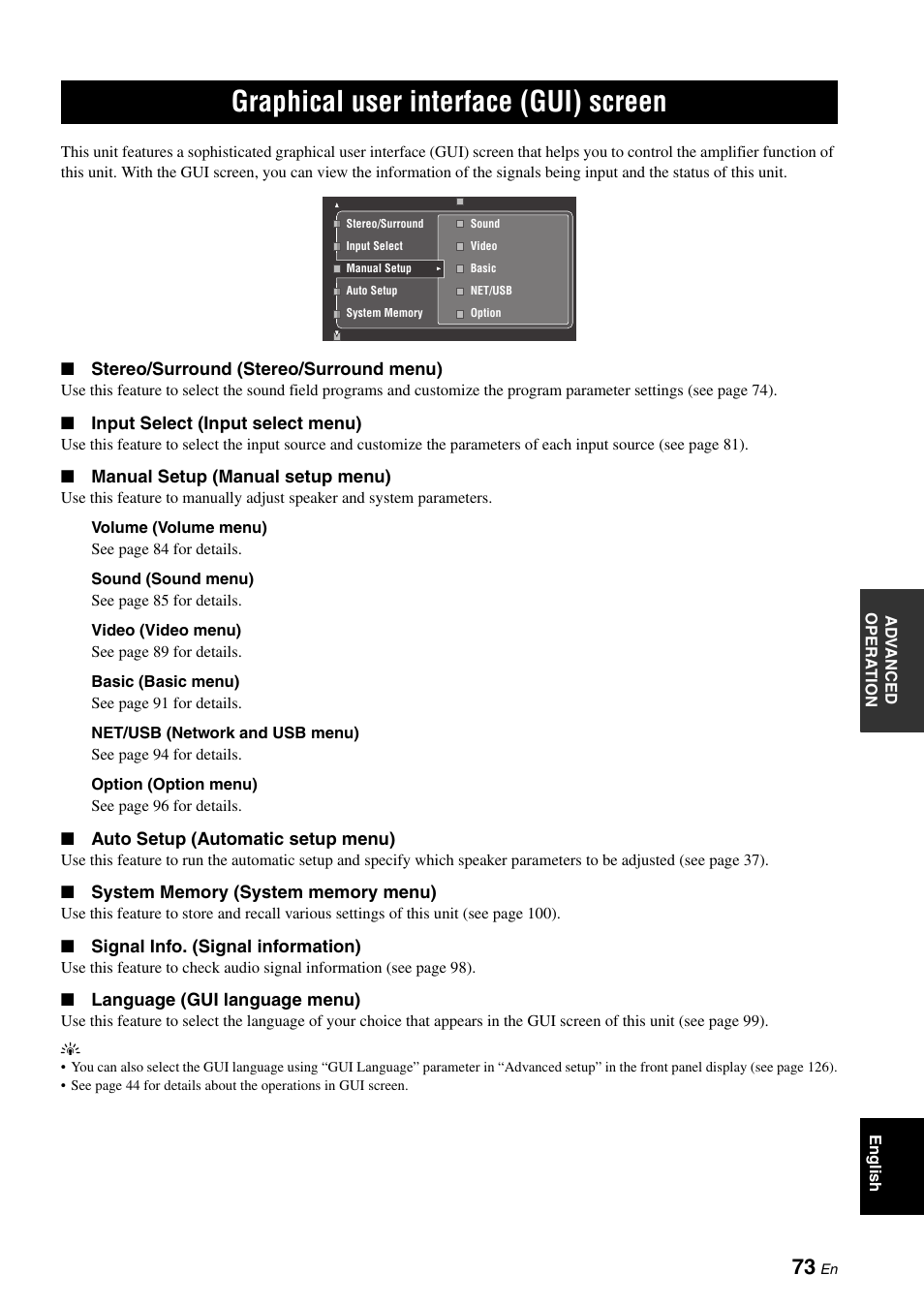 Graphical user interface (gui) screen | Yamaha RX-V3800 User Manual | Page 77 / 169