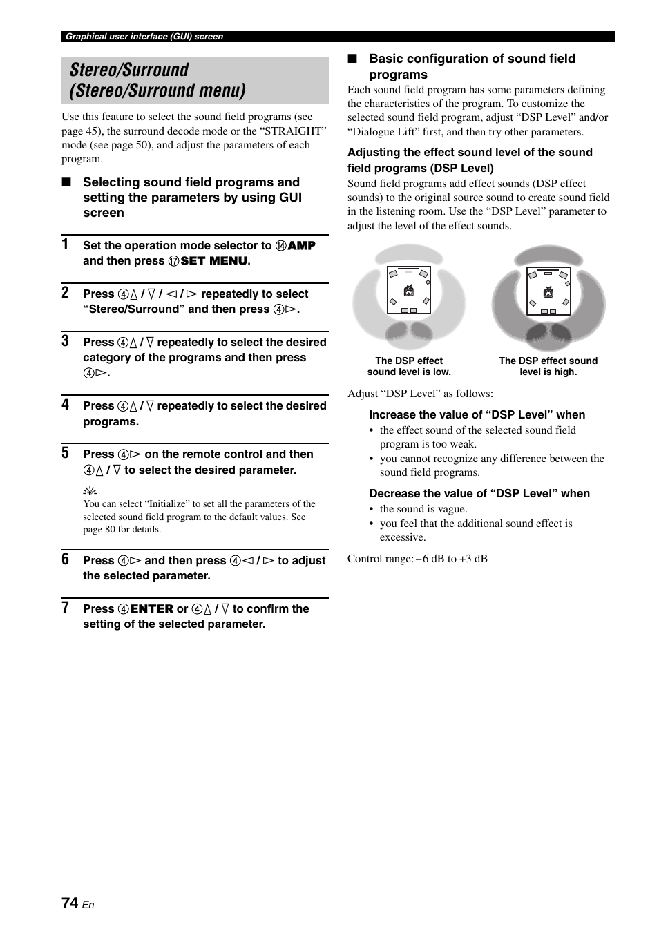 Stereo/surround (stereo/surround menu), P. 74 | Yamaha RX-V3800 User Manual | Page 78 / 169