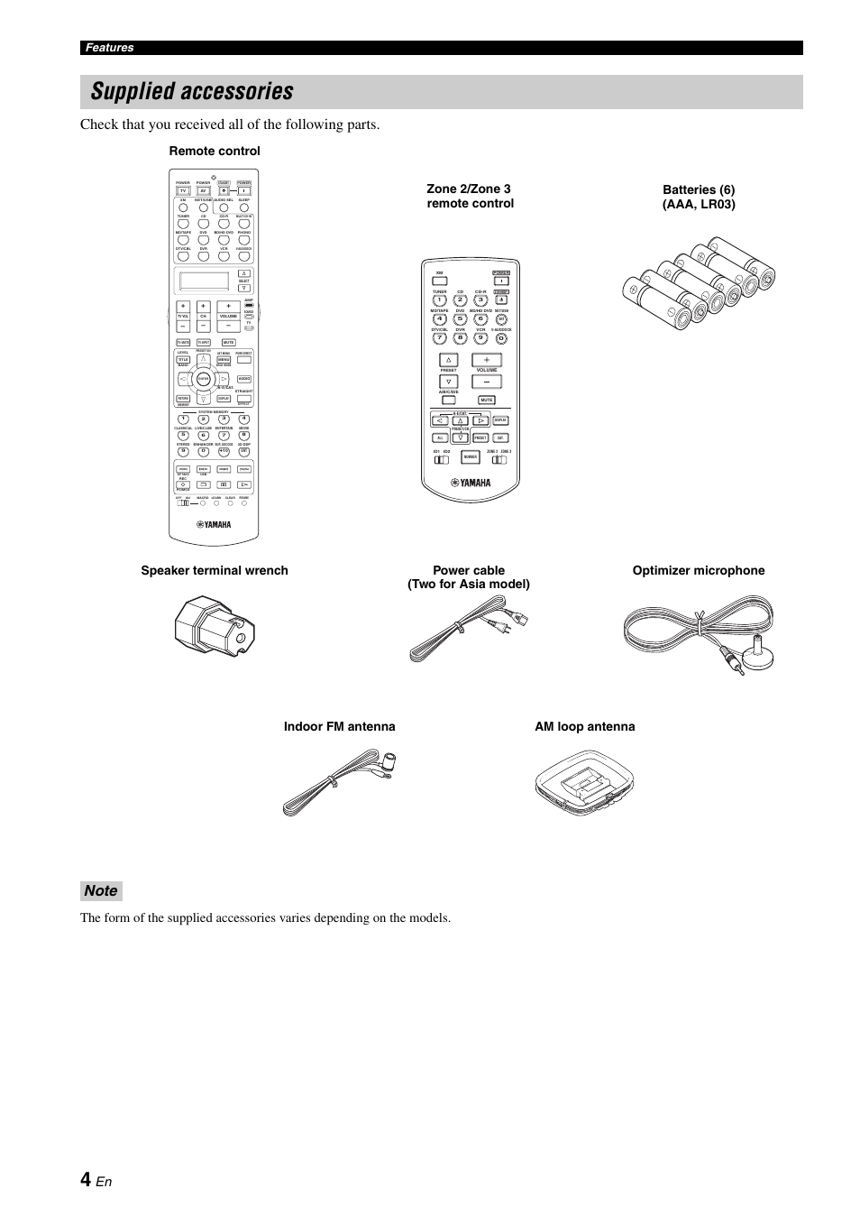 Supplied accessories, Check that you received all of the following parts, Zone 2/zone 3 remote control | Features | Yamaha RX-V3800 User Manual | Page 8 / 169