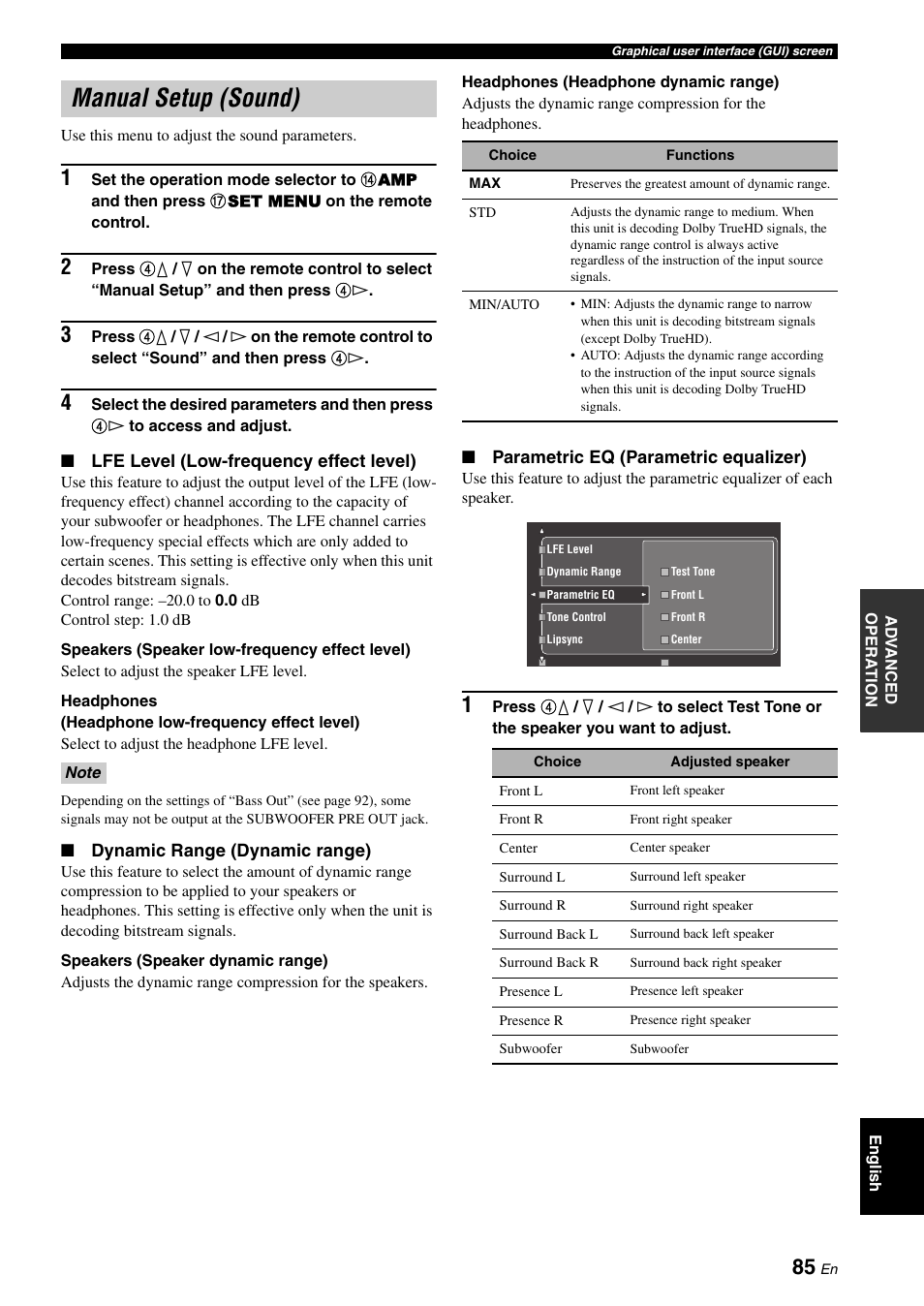 Manual setup (sound), P. 85 | Yamaha RX-V3800 User Manual | Page 89 / 169