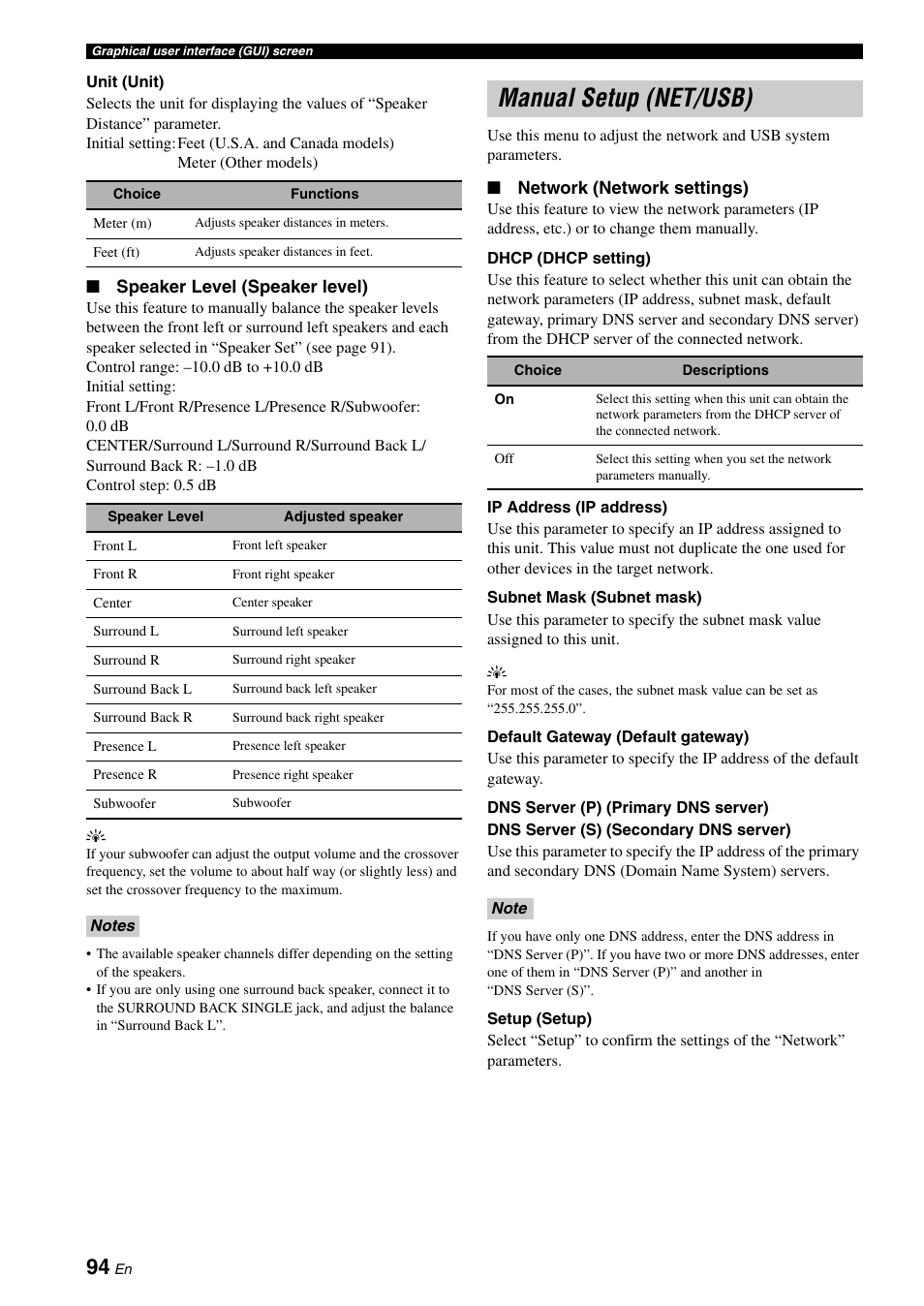 Manual setup (net/usb), P. 94 | Yamaha RX-V3800 User Manual | Page 98 / 169
