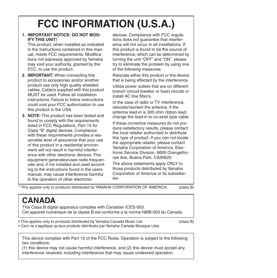 Fcc information (u.s.a.), Canada | Yamaha MY8-SDI-D User Manual | Page 2 / 17