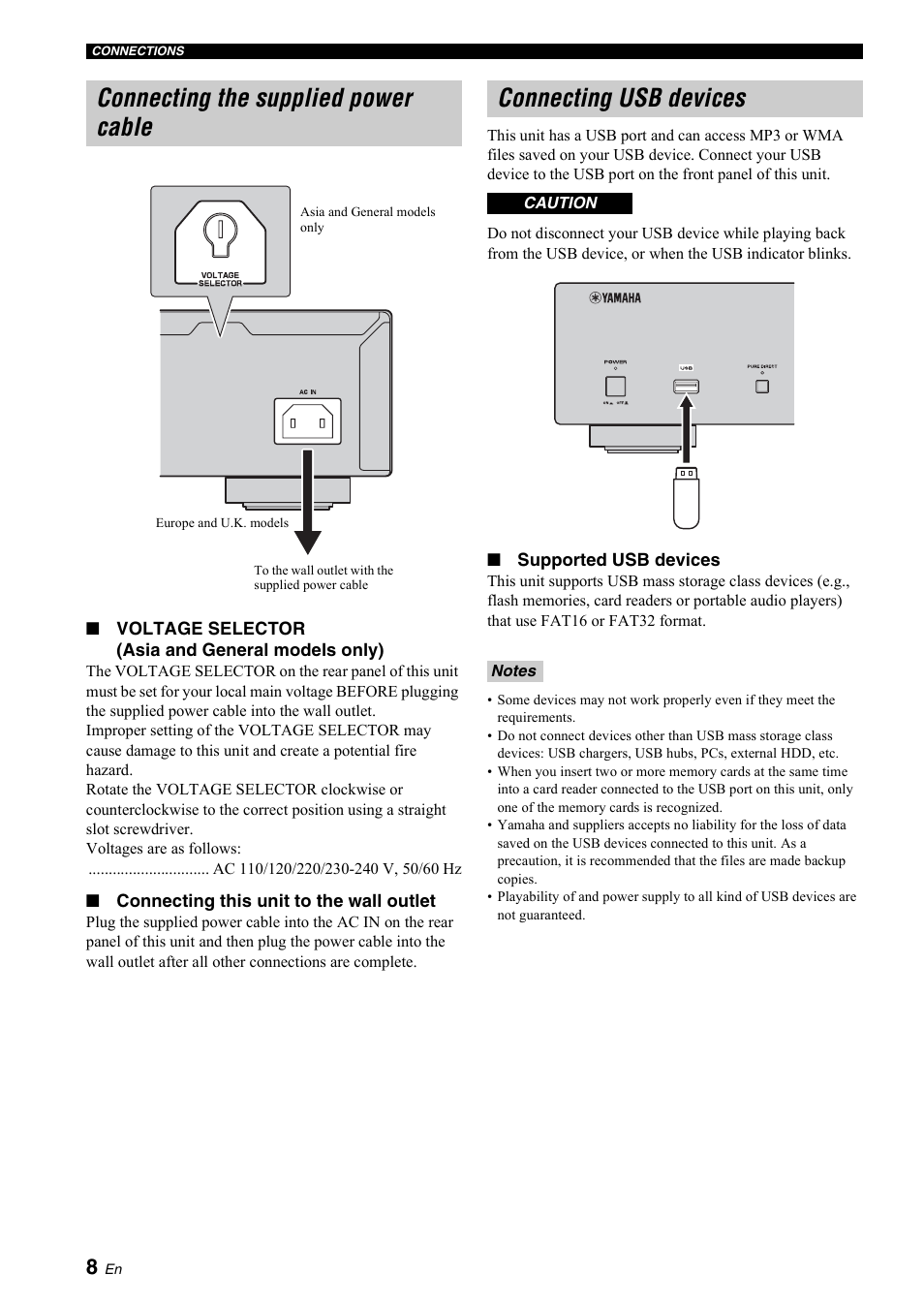 Connecting the supplied power cable, Connecting usb devices | Yamaha R CD-S700 User Manual | Page 12 / 26