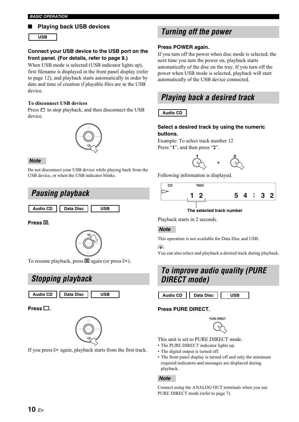 Pausing playback, Stopping playback, Turning off the power | Playing back a desired track, To improve audio quality (pure direct mode), P. 10, P. 10), Pausing playback stopping playback, Turning off the power playing back a desired track | Yamaha R CD-S700 User Manual | Page 14 / 26