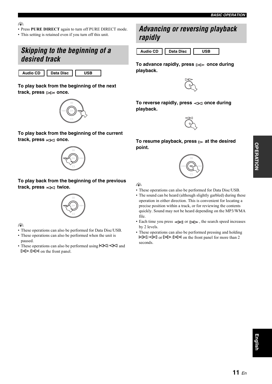 Skipping to the beginning of a desired track, Advancing or reversing playback rapidly, P. 11) | Yamaha R CD-S700 User Manual | Page 15 / 26