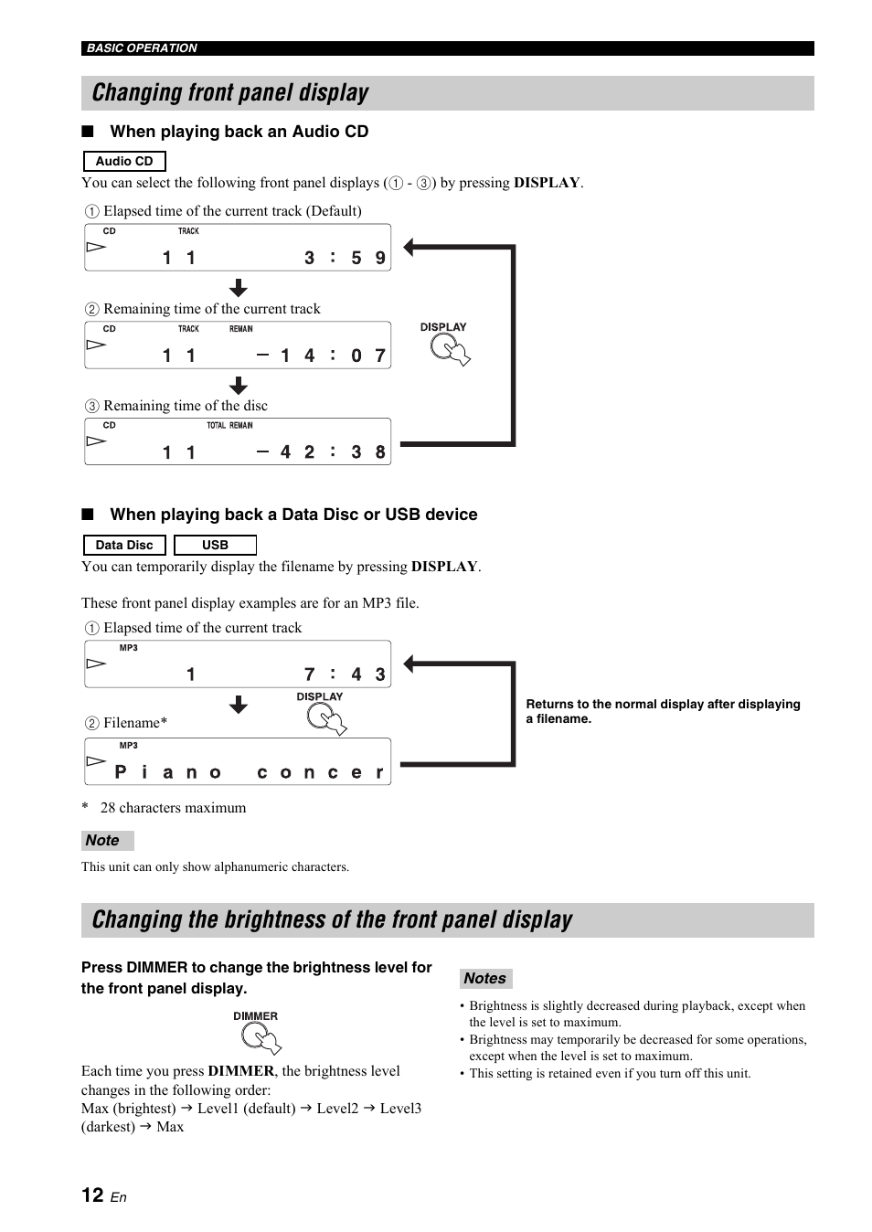 Changing front panel display, Changing the brightness of the front panel display, Er (p. 12) | Yamaha R CD-S700 User Manual | Page 16 / 26