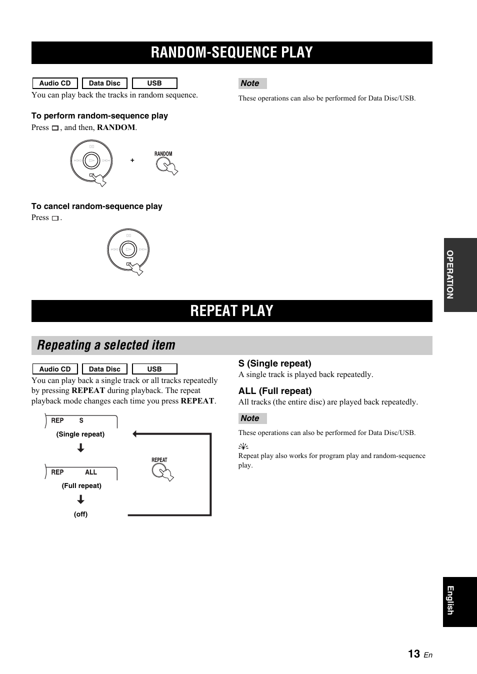 Random-sequence play, Repeat play, Repeating a selected item | Random-sequence play repeat play, P. 13) | Yamaha R CD-S700 User Manual | Page 17 / 26