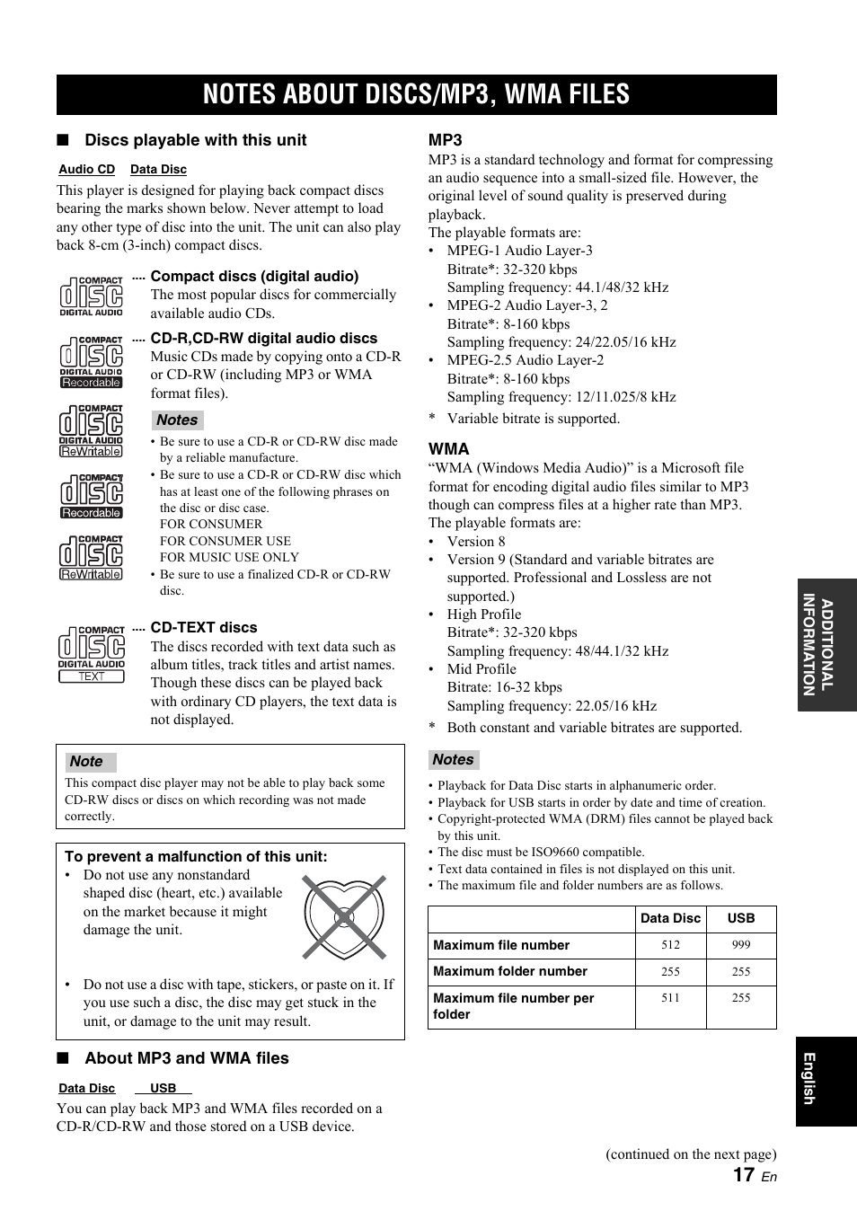 Additional information, Notes about discs/mp3, wma files | Yamaha R CD-S700 User Manual | Page 21 / 26