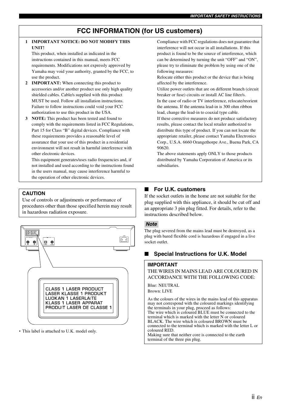 Fcc information (for us customers) | Yamaha R CD-S700 User Manual | Page 3 / 26