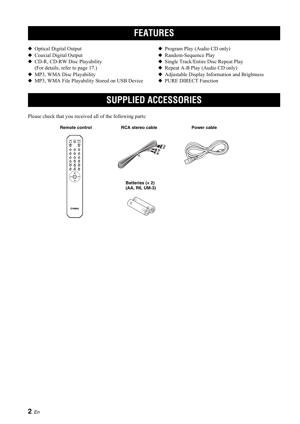 Introduction, Features, Supplied accessories | Features supplied accessories | Yamaha R CD-S700 User Manual | Page 6 / 26