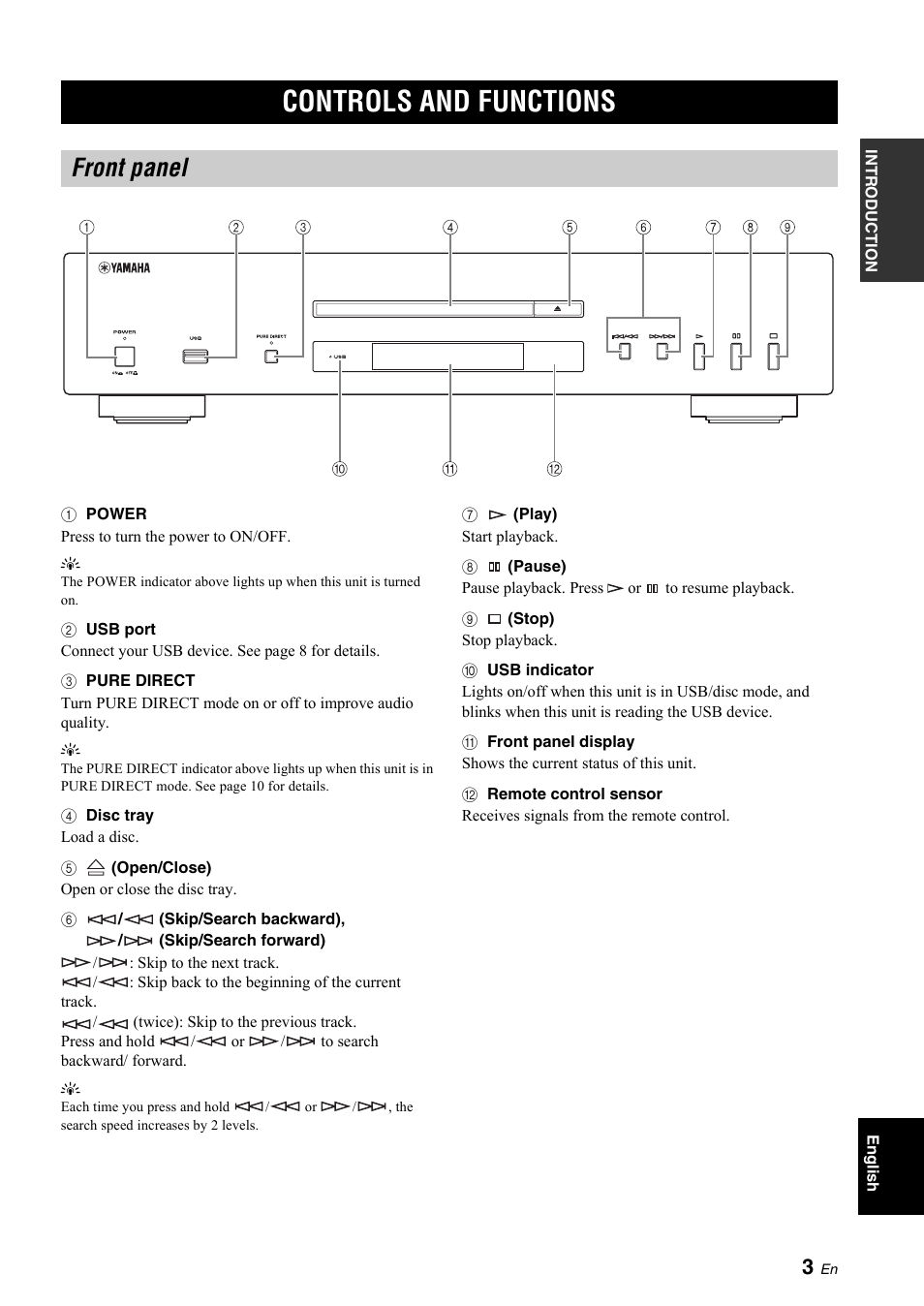 Controls and functions, Front panel | Yamaha R CD-S700 User Manual | Page 7 / 26