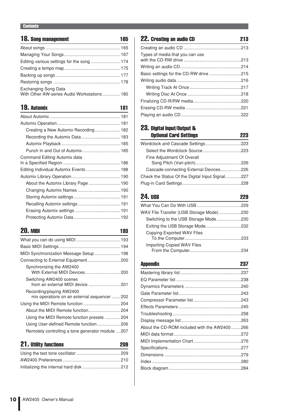 Song management 165, Automix 181, Midi 193 | Utility functions 209, Creating an audio cd 213, Digital input/output & optional card settings 223, Usb 229, Appendix 237 | Yamaha AW2400 User Manual | Page 10 / 288