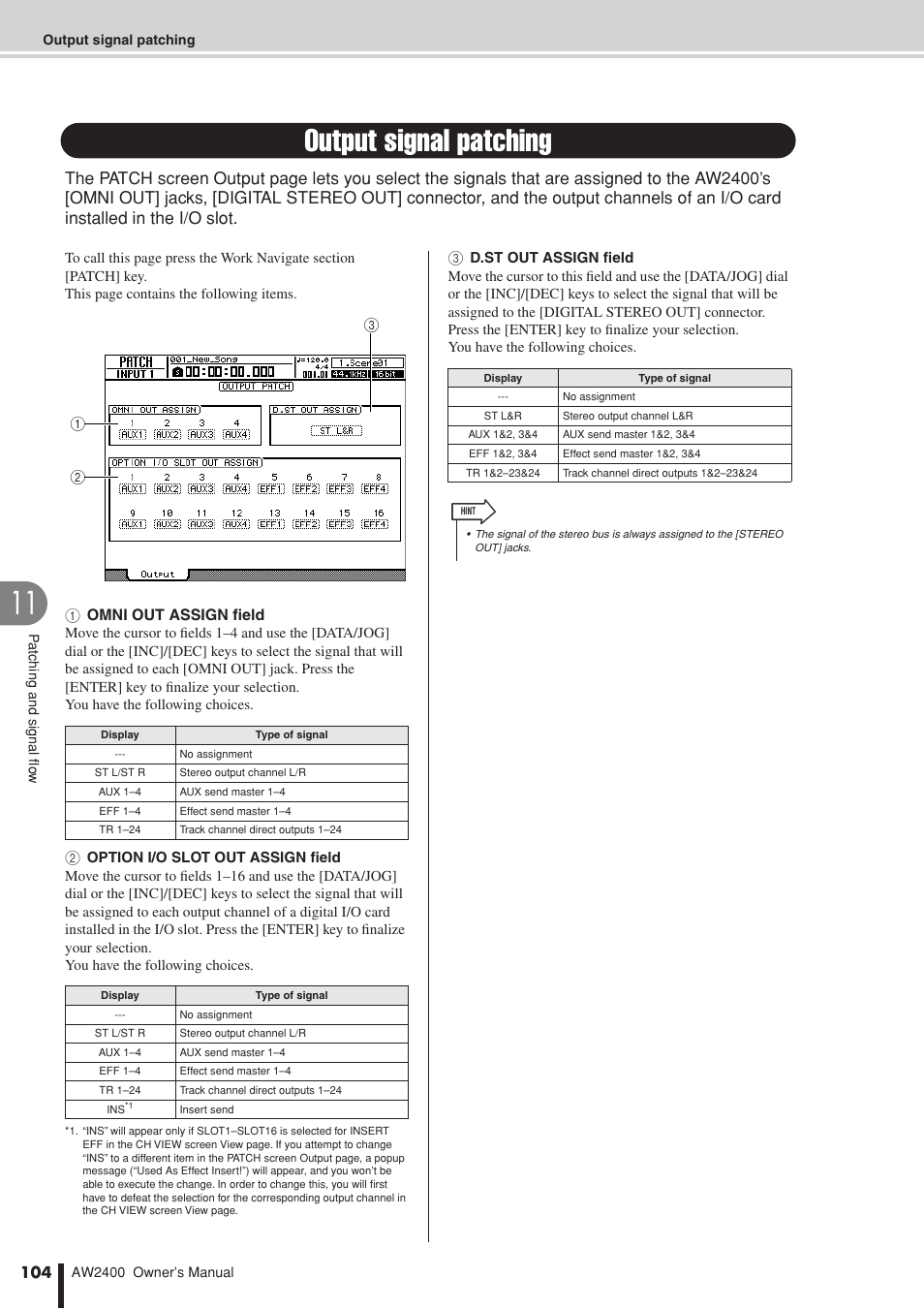 Output signal patching | Yamaha AW2400 User Manual | Page 104 / 288