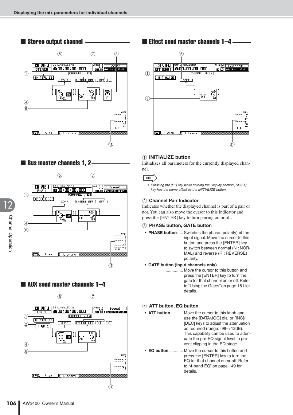 Stereo output channel, Bus master channels 1, 2, Aux send master channels 1–4 | Effect send master channels 1–4 | Yamaha AW2400 User Manual | Page 106 / 288